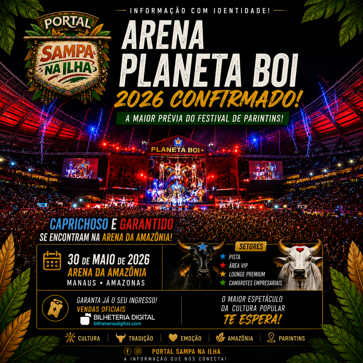 Cartaz promocional do evento “Arena Planeta Boi 2026” em um estádio lotado e iluminado, com luzes de palco coloridas.