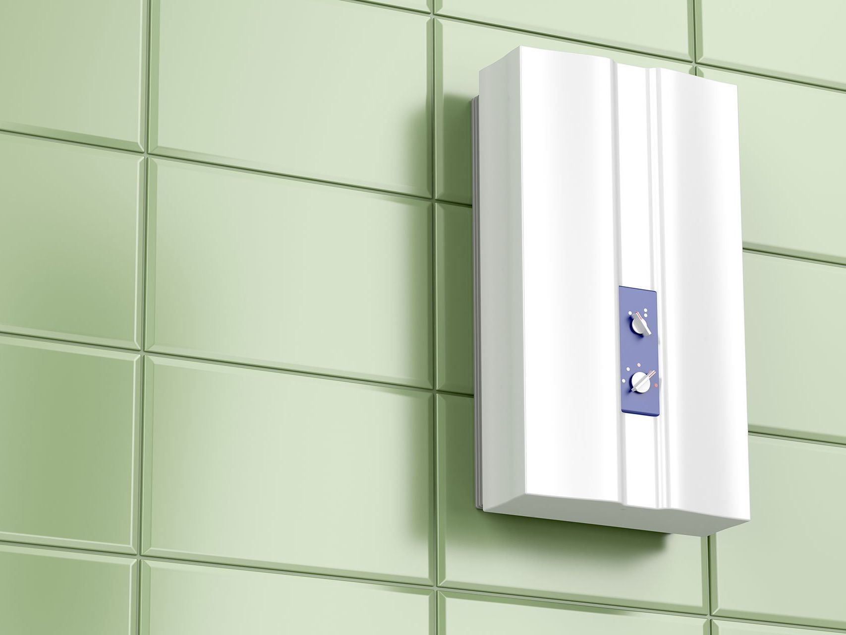 A tankless water heater box is hanging on a green tiled wall.