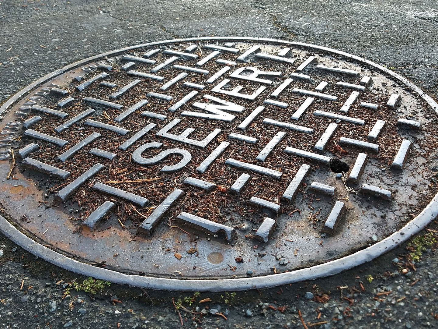 A manhole cover with the word sewer written on it.