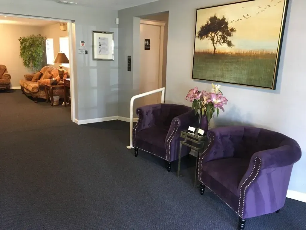 Quiet waiting area with purple chairs, side table, and hallway view into a cozy lounge