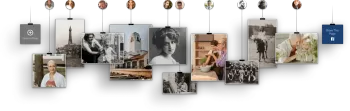 Collage of hanging photo prints and cards on a white wall, with string lights and clips above.