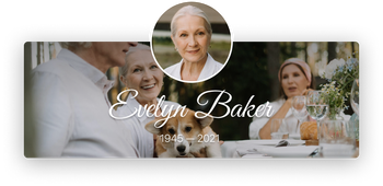 Memorial banner for Evelyn Baker with portrait and wedding reception photos, in white script over a gray background