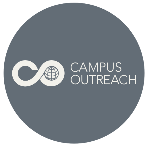 Gray circle with Campus Outreach logo: infinity symbol with globe, text 