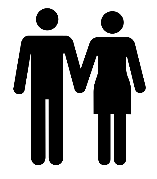Two stick figures, a man and a woman, holding hands.