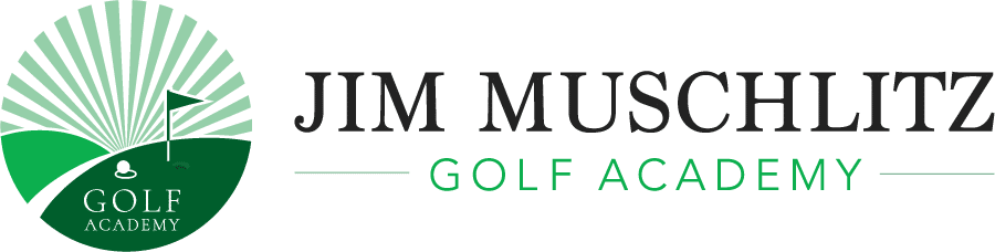A logo for jim muschlitz golf academy with a golf ball and a green flag.