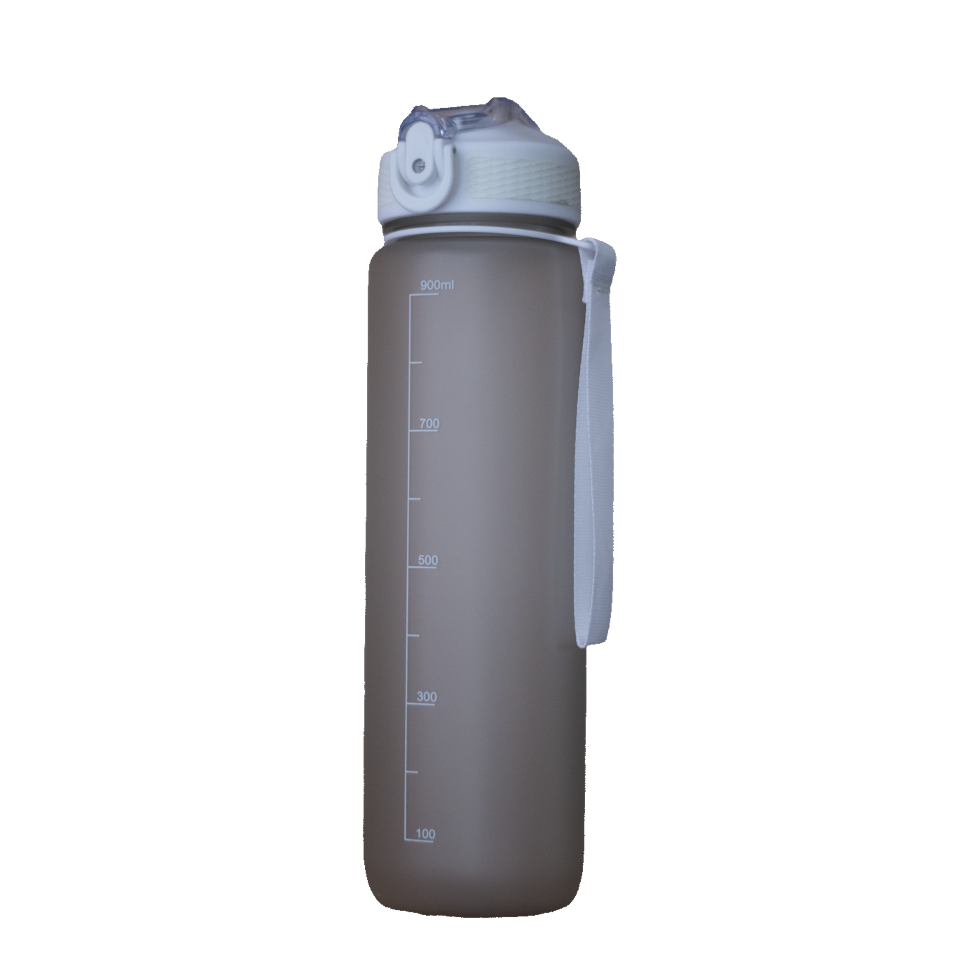 Witte waterfles met witte dop, logo en doorschijnende afwerking.