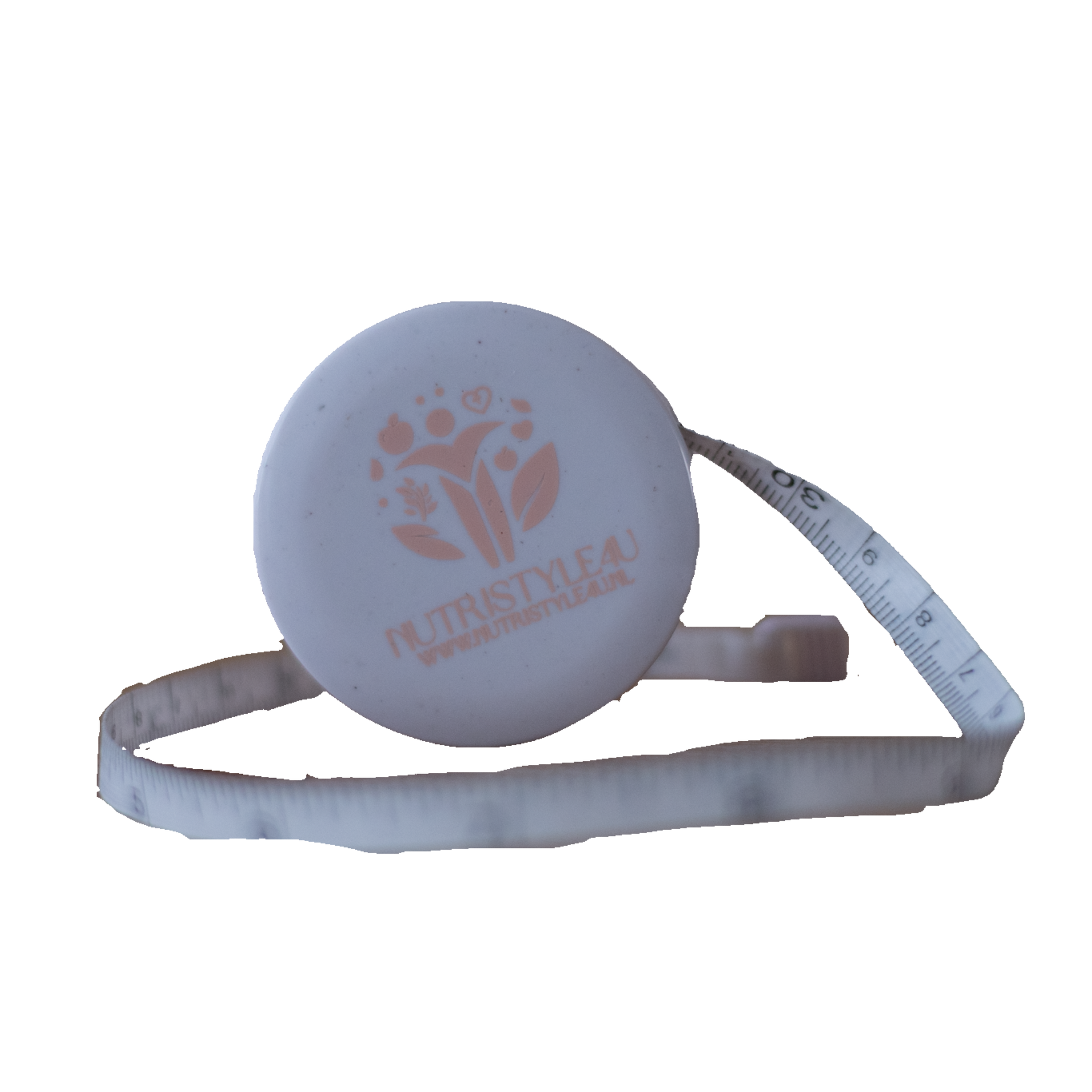 Wit rond meetlint met een perzikkleurig logo van Nutristyle4U.