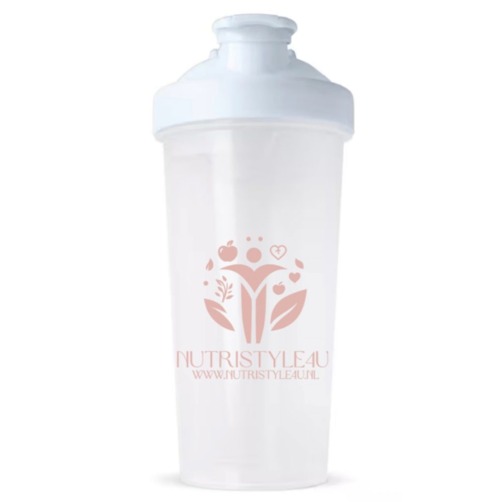 Transparante eiwitshaker met witte deksel en roze logo.