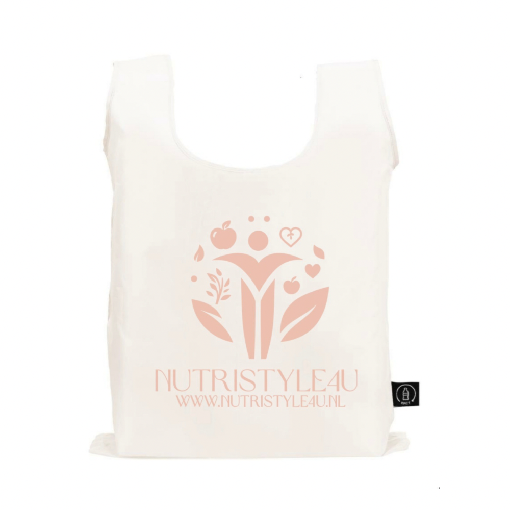 Witte herbruikbare tas met roze NutriStyleau-logo en websiteadres.