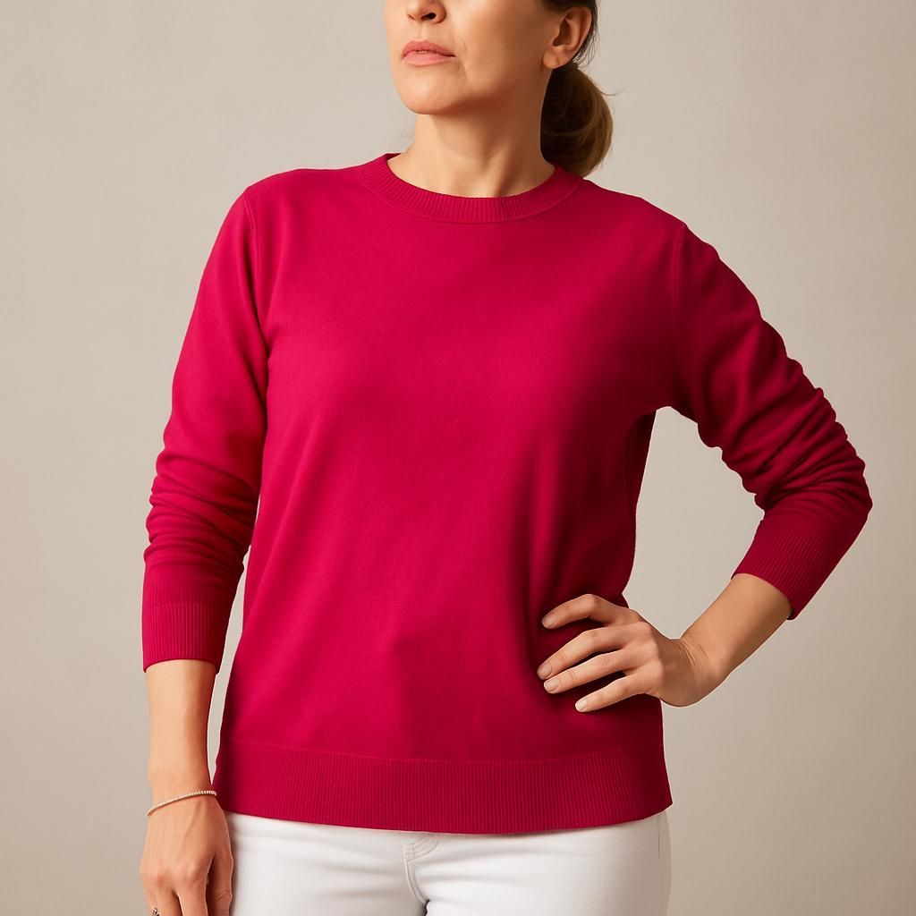 Mujer con suéter magenta y pantalones blancos, mano en la cadera, mirando hacia arriba.