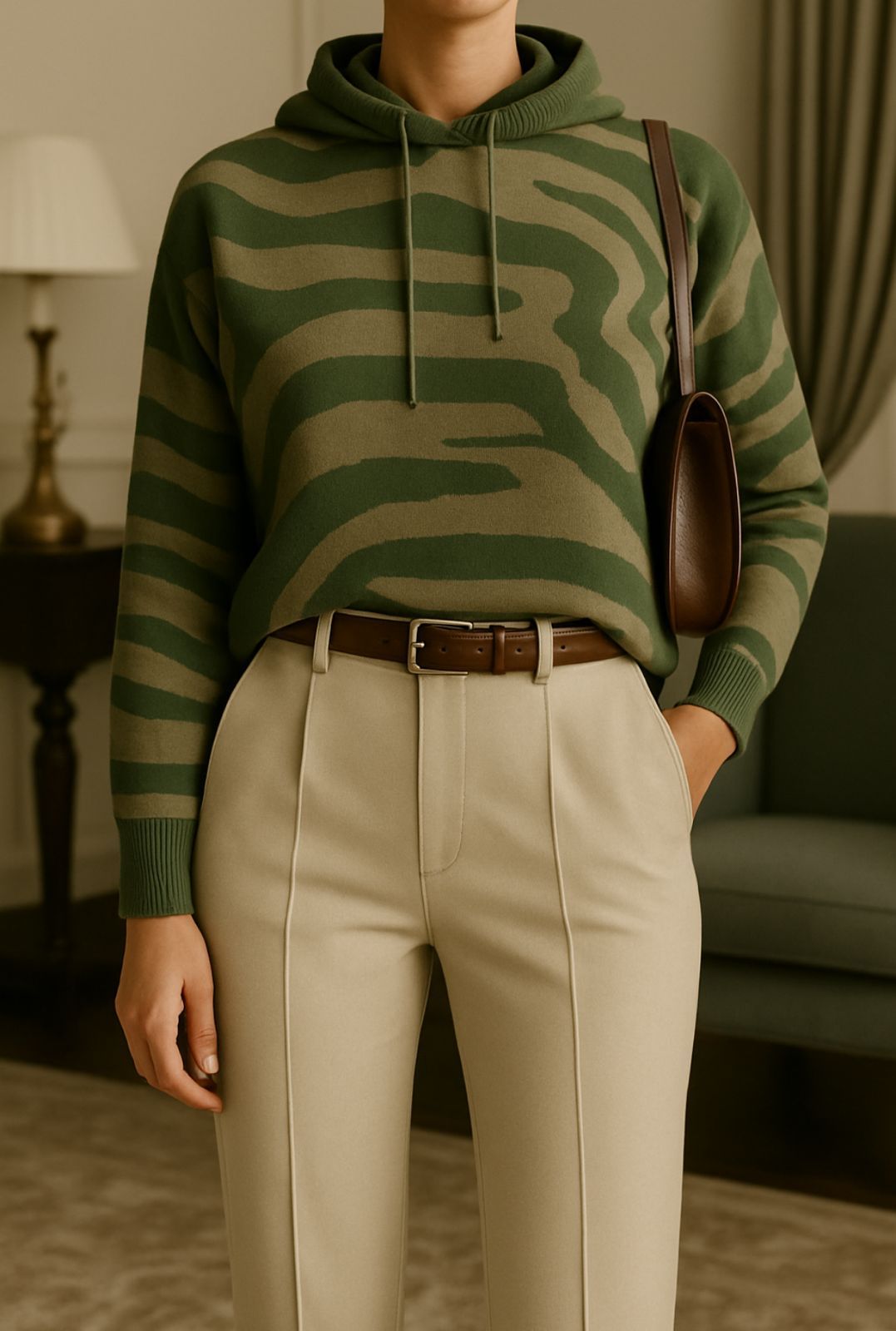 Mujer con sudadera verde con rayas de cebra, pantalones color canela, cinturón marrón y bolso de hombro. Interior.