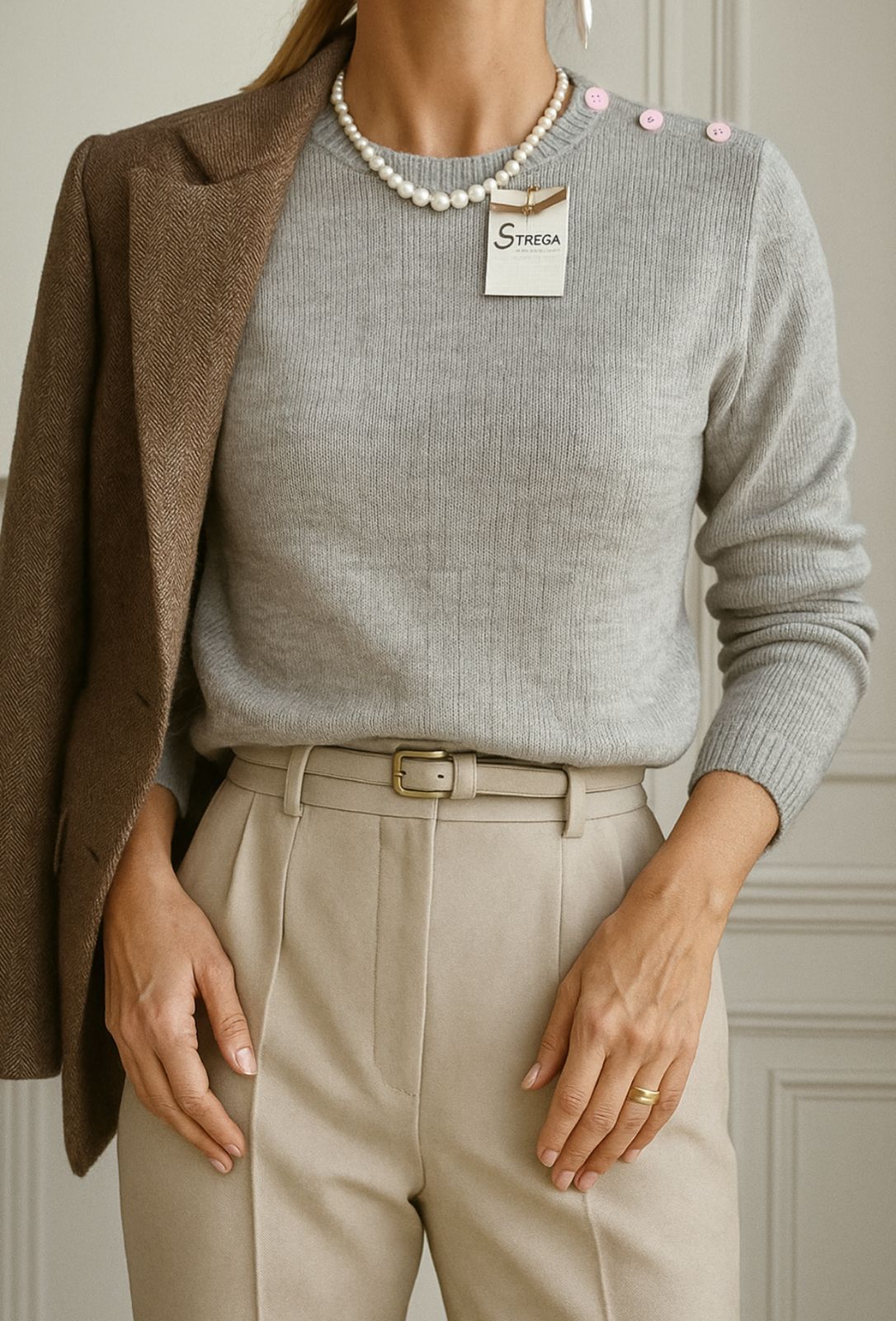 Mujer con suéter gris y pantalón beige, blazer sobre el hombro y collar de perlas.