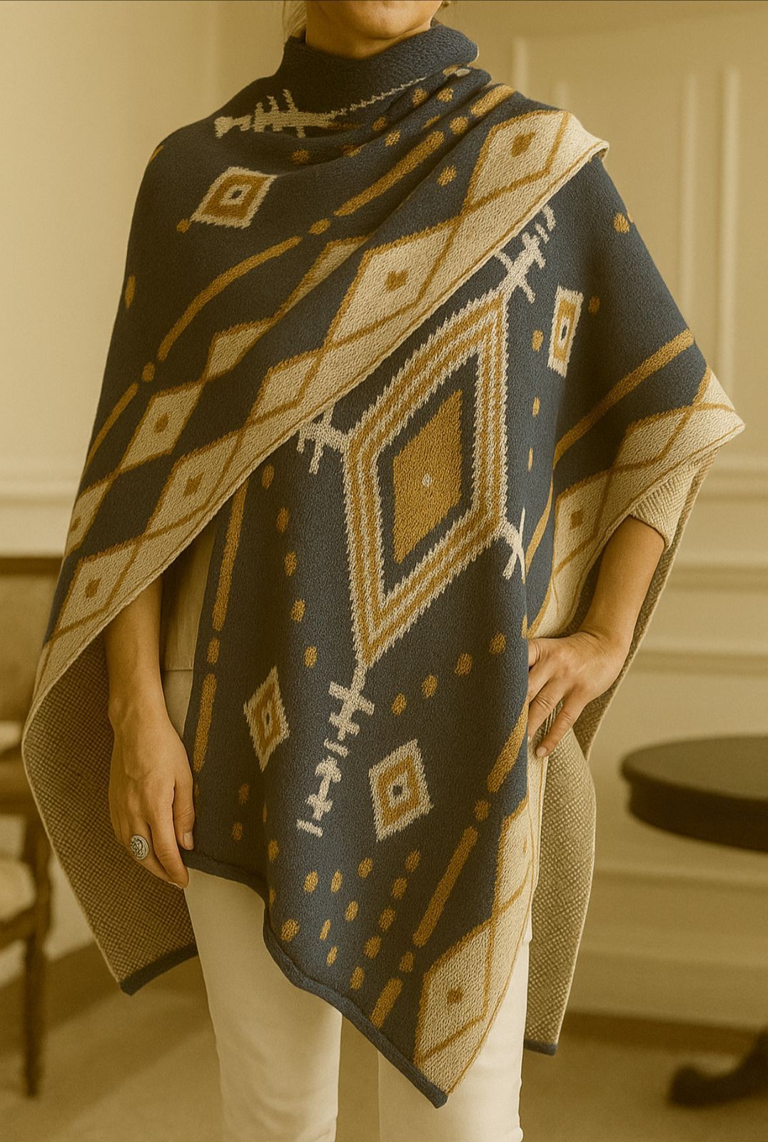 Persona que viste un poncho con estampado geométrico azul marino y beige.
