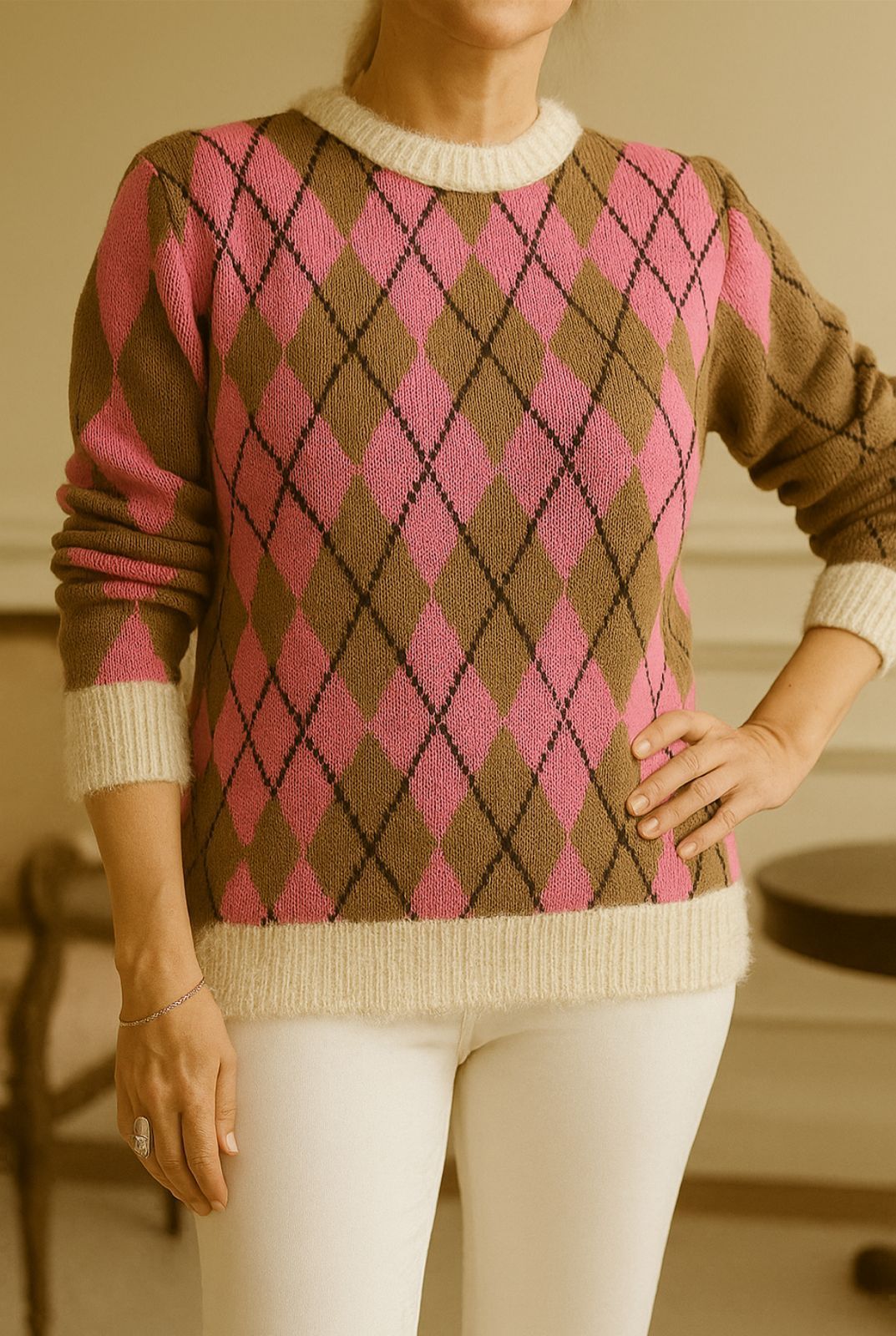 Mujer con suéter de rombos rosa y marrón, pantalones blancos, en el interior.