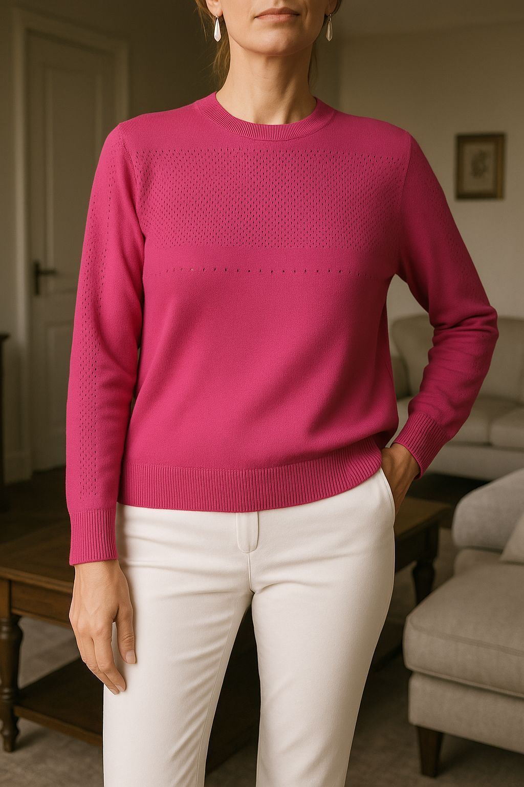 Mujer con suéter rosa y pantalones blancos, de pie en el interior.