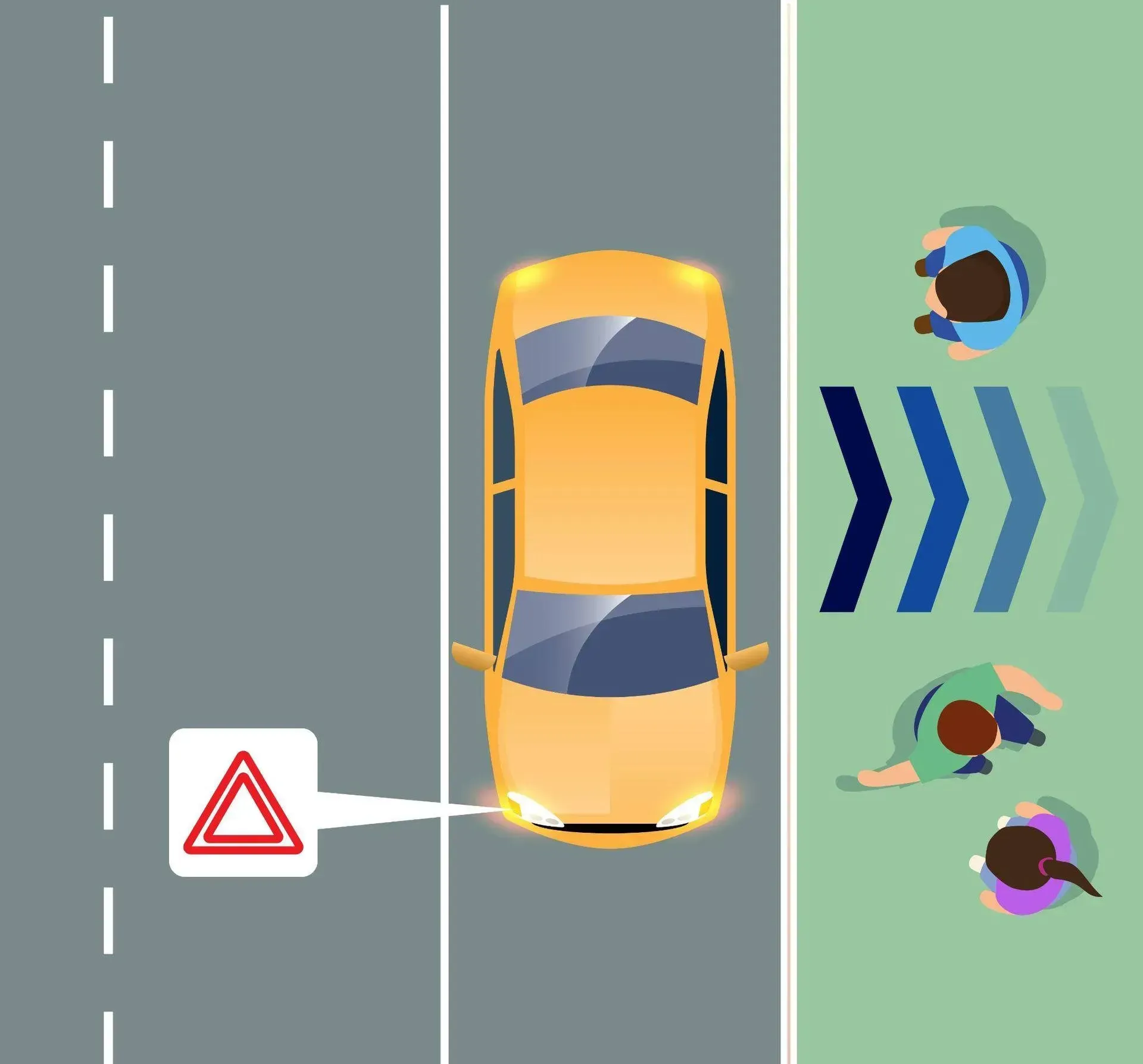 Illustration of a broken-down car with hazard lights on the side of the road, with pedestrians walking nearby and directional arrows pointing away