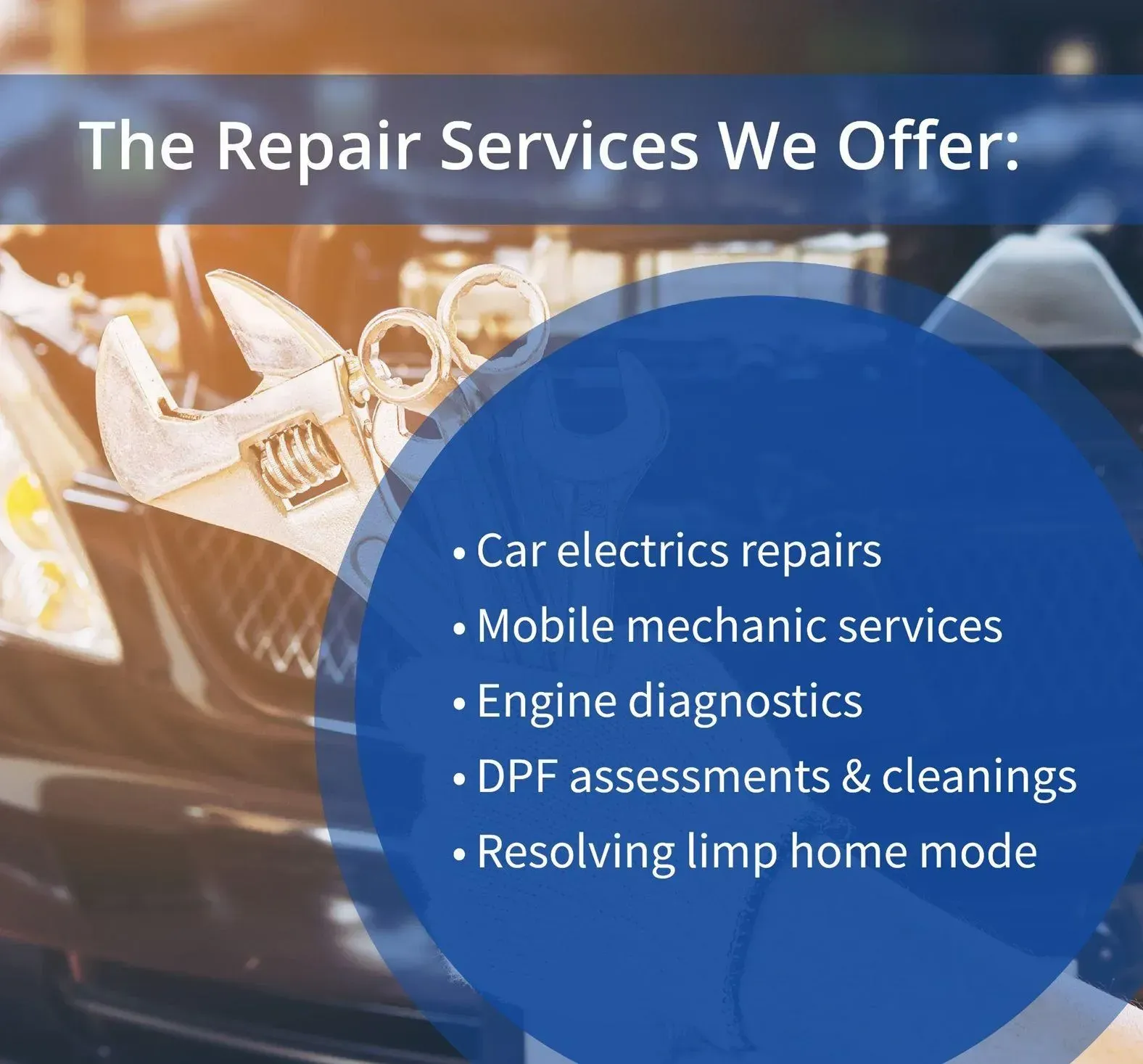Car repair services infographic featuring mobile mechanic, engine diagnostics, DPF assessments, and limp home mode resolution.