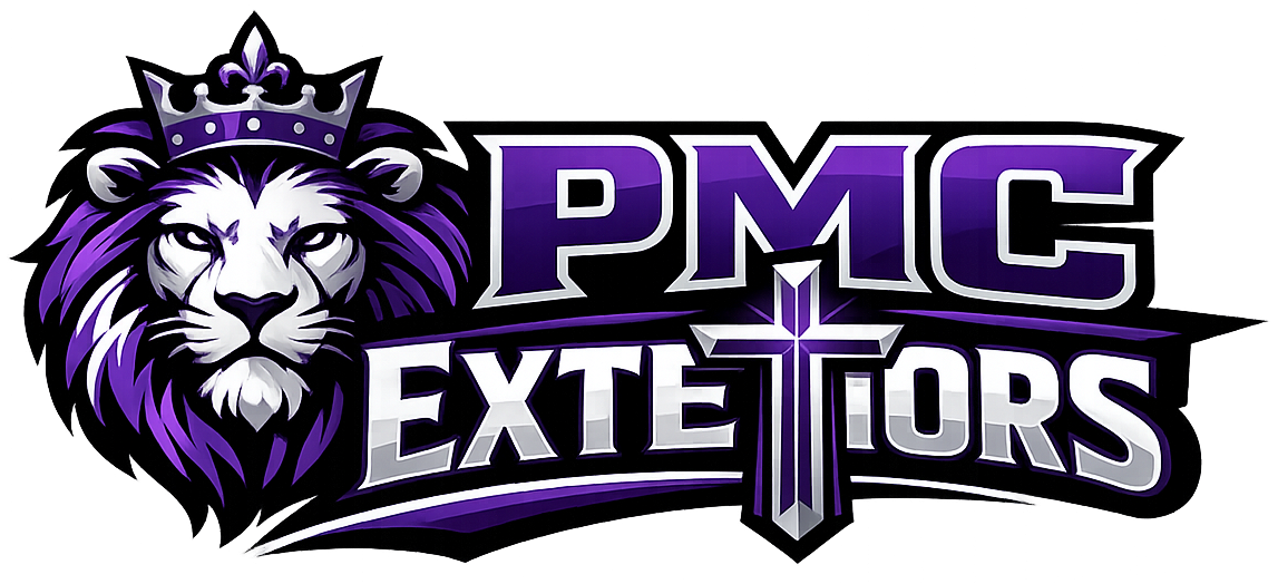 Logo with a lion wearing a crown and the text "PMC Extetiors" with a cross. Purple and white colors.