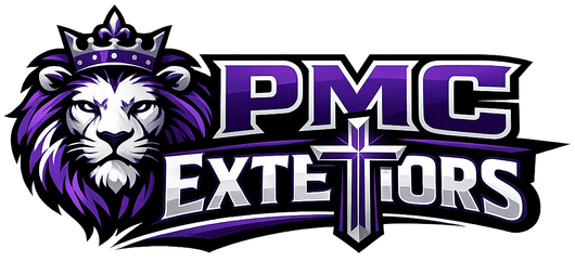 Logo with a lion wearing a crown and the text "PMC Extetiors" with a cross. Purple and white colors.