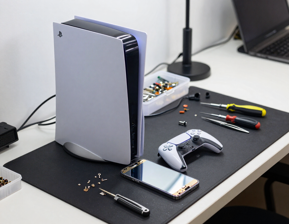 PlayStation 5 style console being repaired on a black work mat