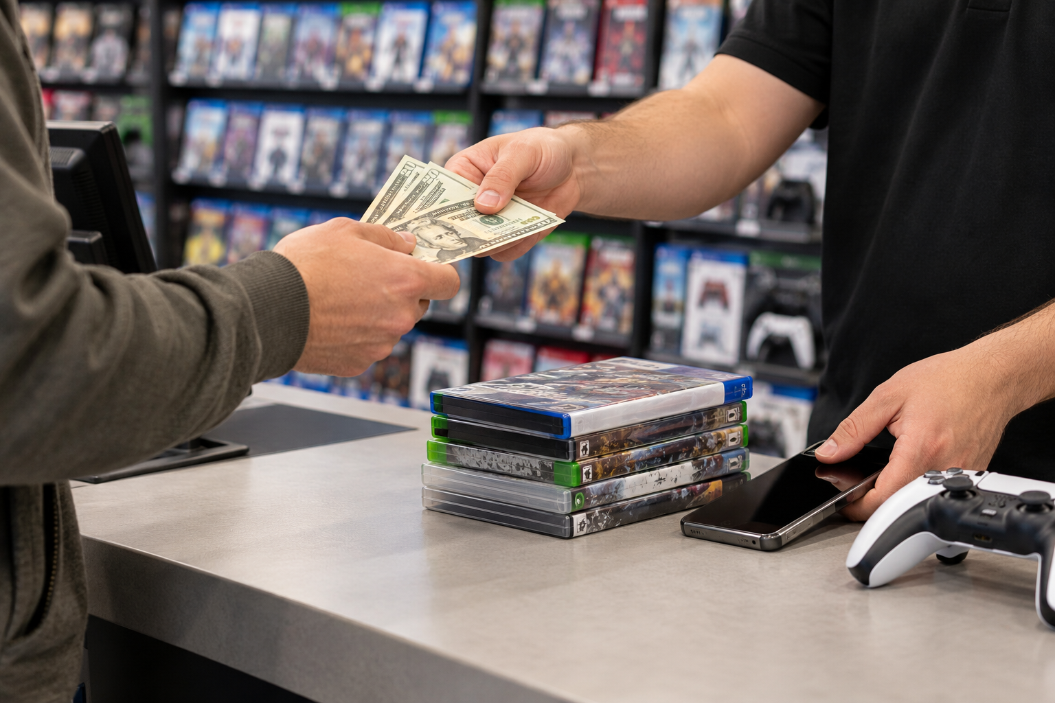 Customer receiving cash for trade-in games at the store counter