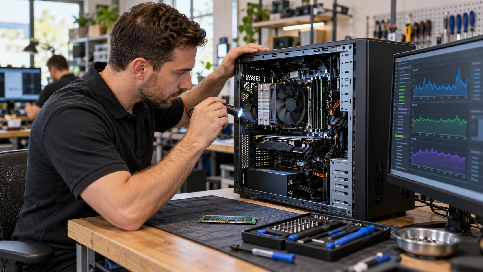 Technician inspecting the inside of a PC at a repair bench