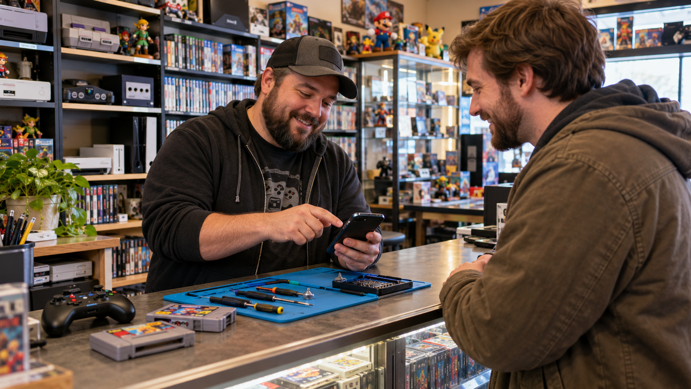Gadget Geeks shop interior with repair bench and retro games