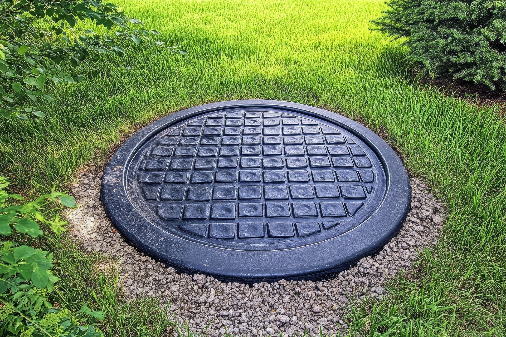 Round black manhole cover set in grass and gravel.