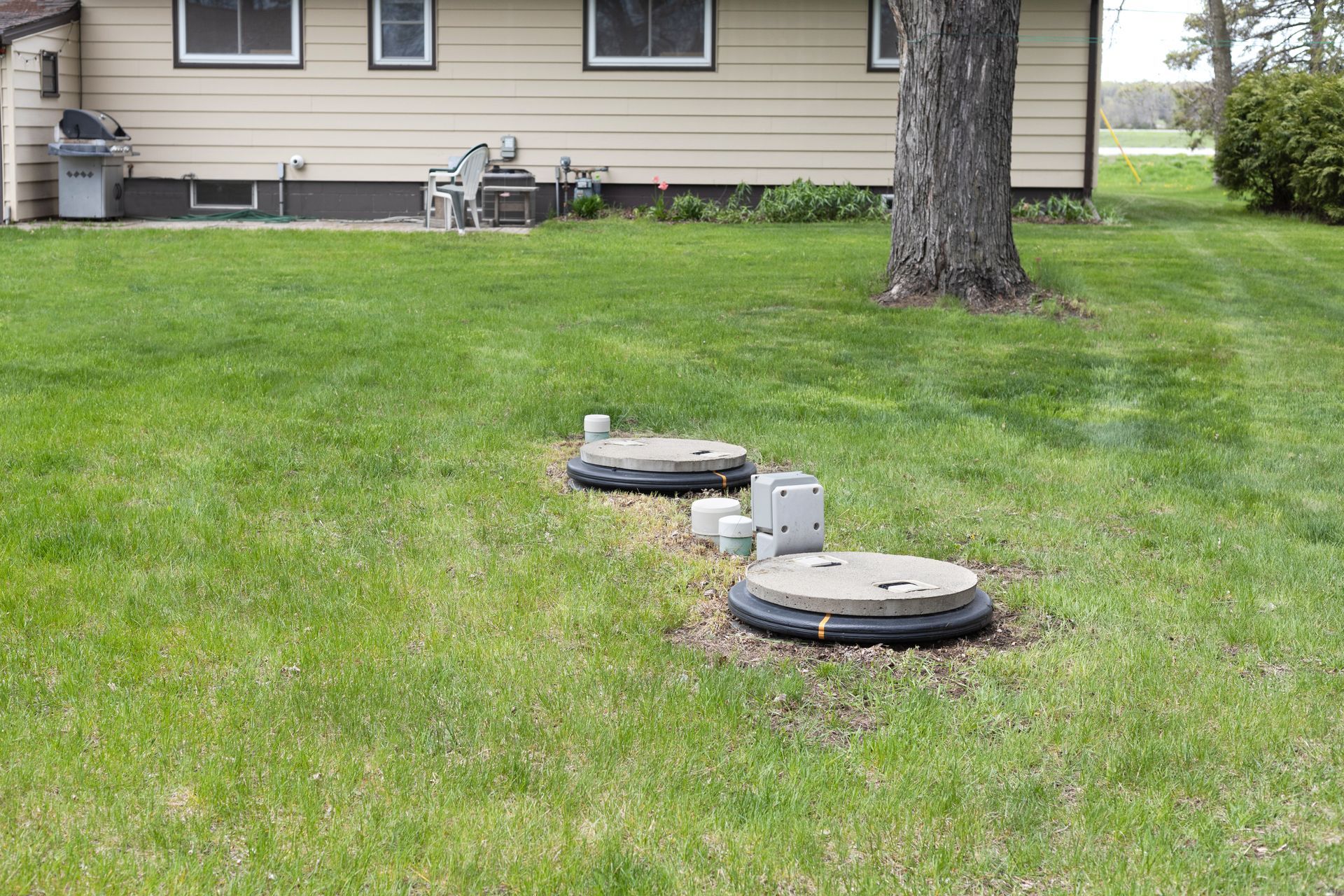 Backyard with two round septic tank lids in grass beside a house and large tree.
