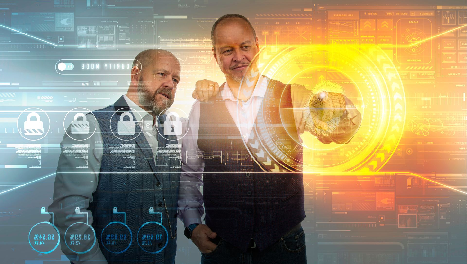 Men looking at a futuristic touch screen