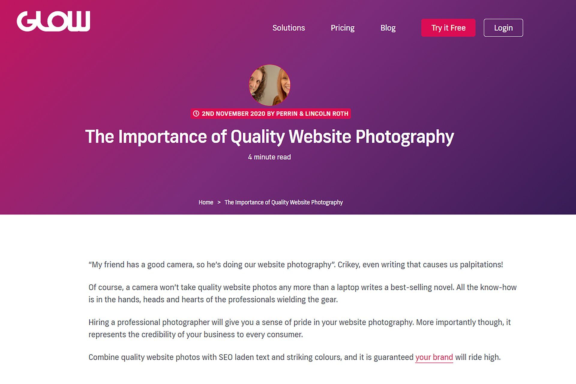 A glow website shows the importance of quality website photography.