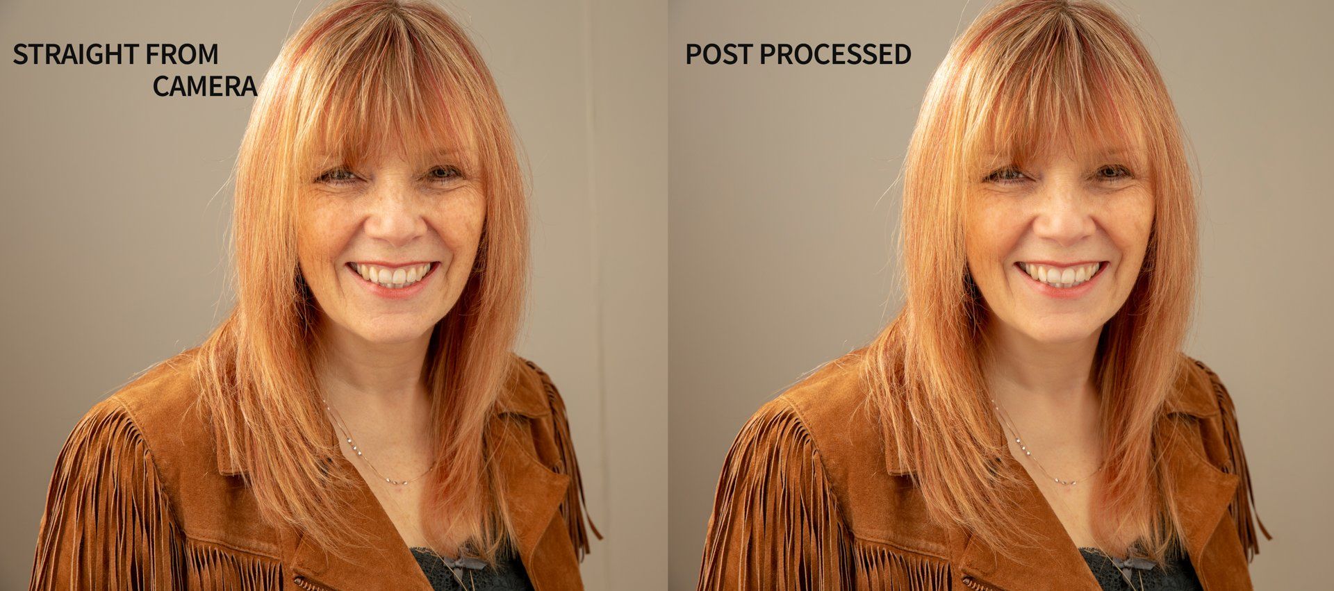 A woman with red hair is smiling in front of a camera.