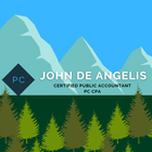 John De Angelis, Certified Public Accountant, with mountain and pine forest logo in blue and green.