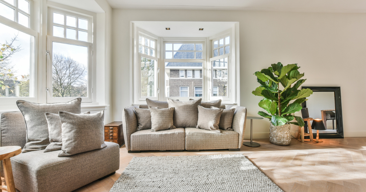 Modern living room with large windows, a beige sofa, black side table, and vase of dried flowers.