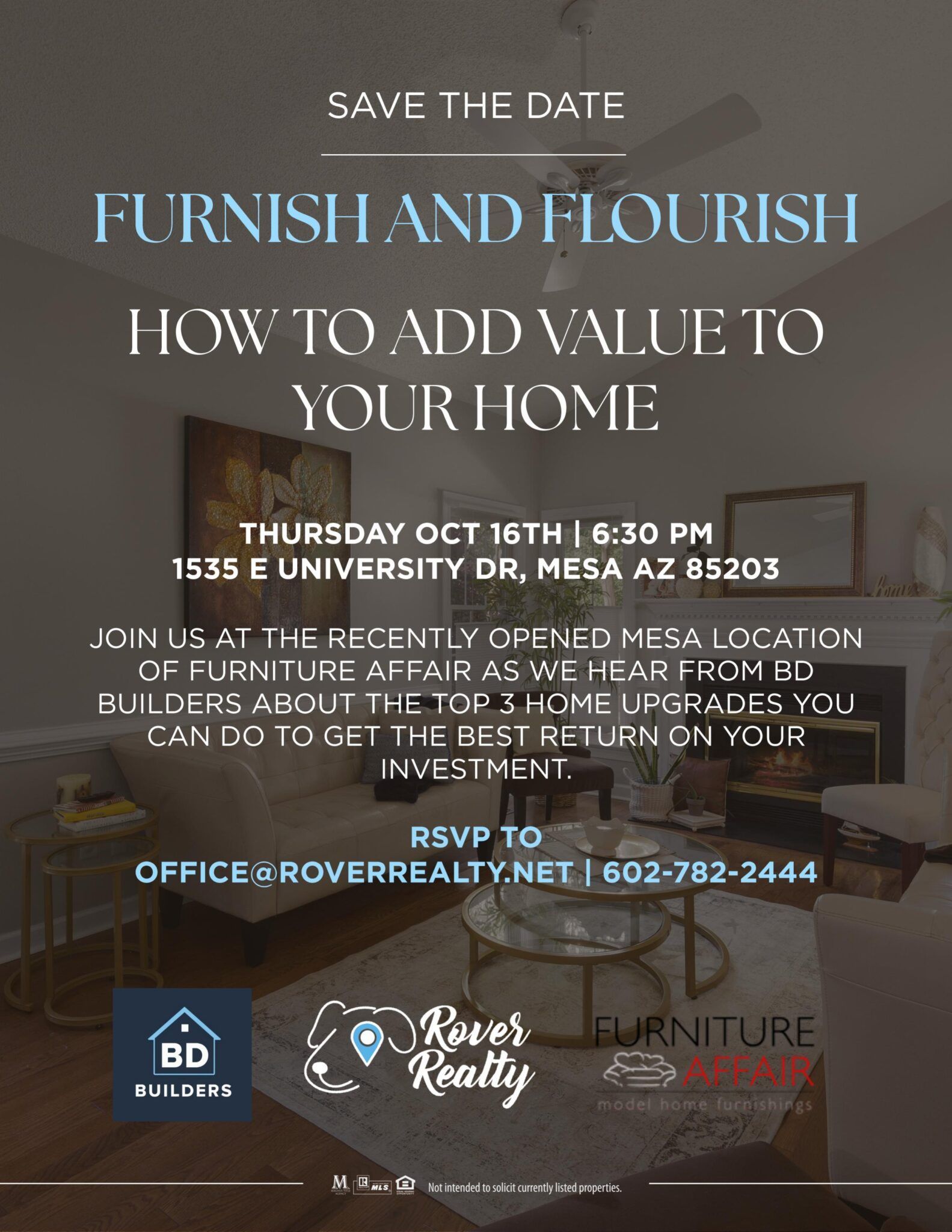 Floral business workshop flyer: “Furnish and Flourish—How to Add Value to Your Home” with date, time, and RSVP details.