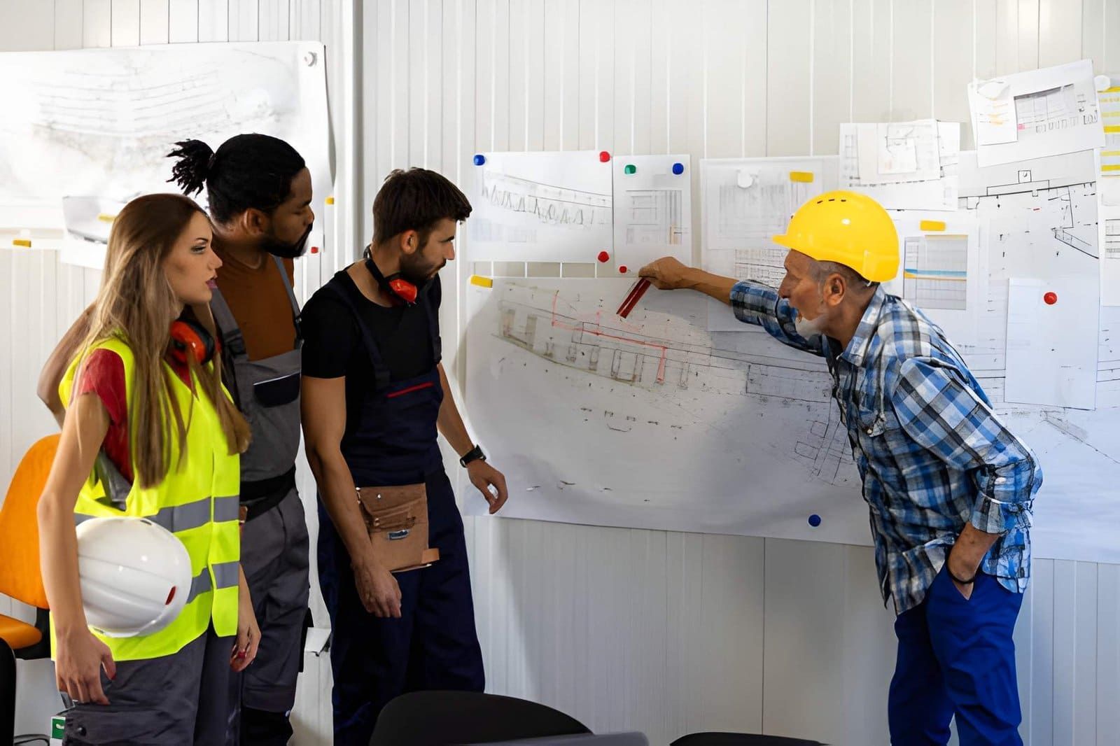 4 point inspection near me—team reviewing wall-mounted blueprints with hard hats and safety vests.