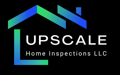 Logo for Upscale Home Inspections LLC, with a house outline in blue and green, and white text.