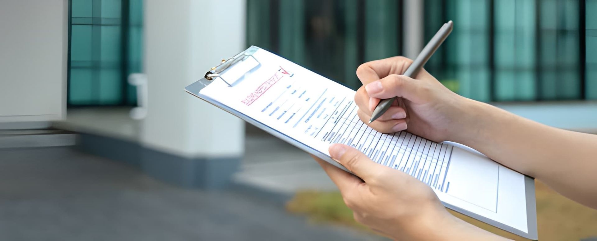 Home inspection Hobe Sound FL—inspector completing structured form near modern building with glass windows