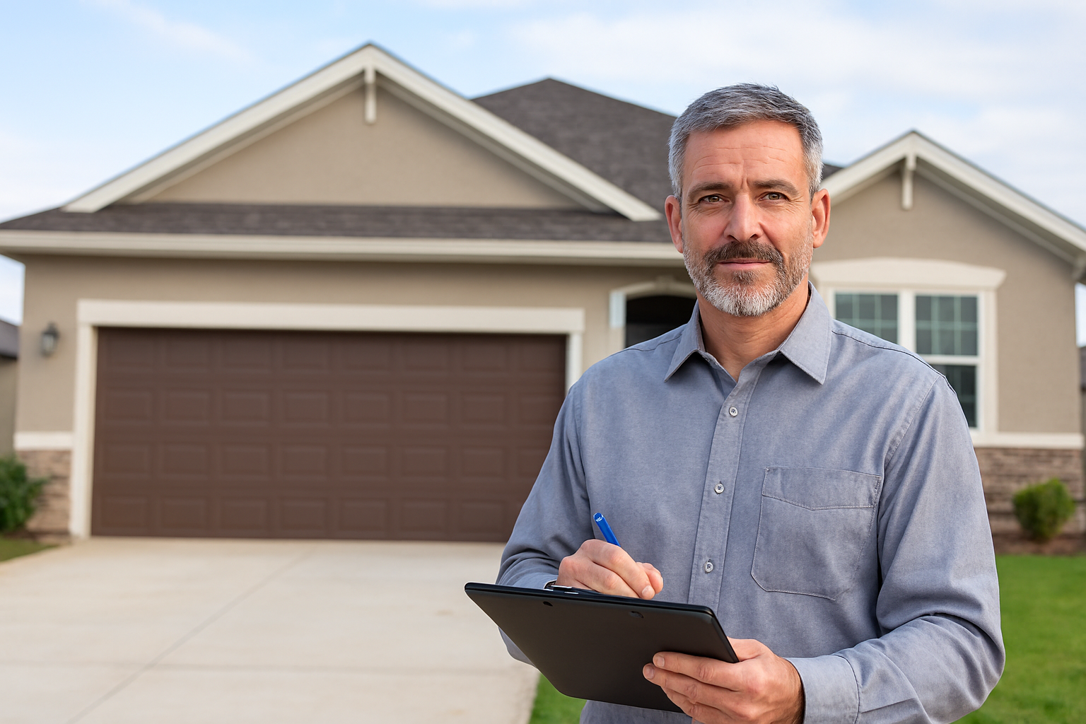 A home inspector Port St Lucie  holding clipboard, standing in front of a house, taking notes.
