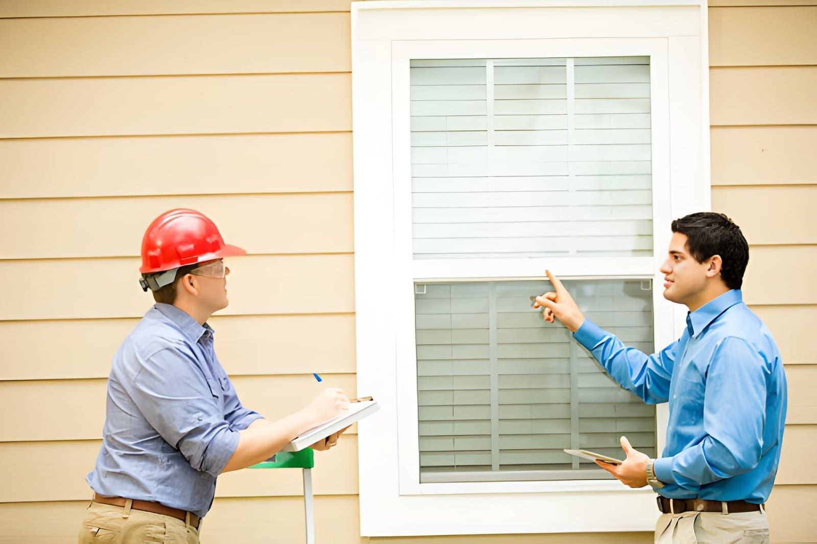 Home inspectors Stuart FL—team reviewing window exterior during property inspection with clipboard and tablet.