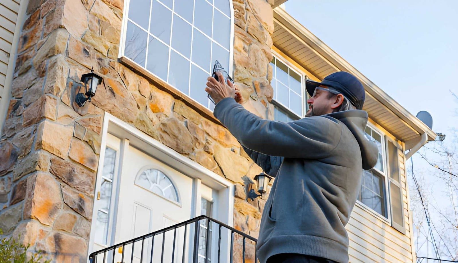 Wind mitigation inspection Vero Beach FL inspector documenting exterior of stone and siding home with smartphone