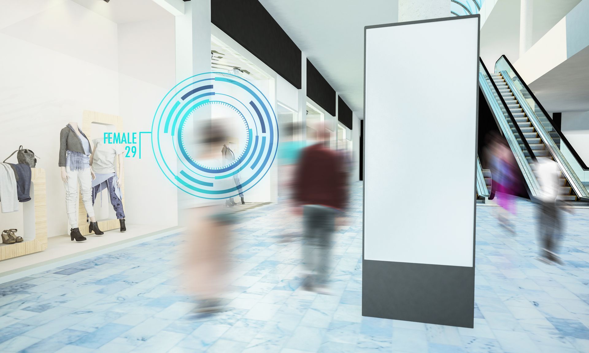 A blank digital signage kiosk display standing in a busy indoor mall walkway near storefronts