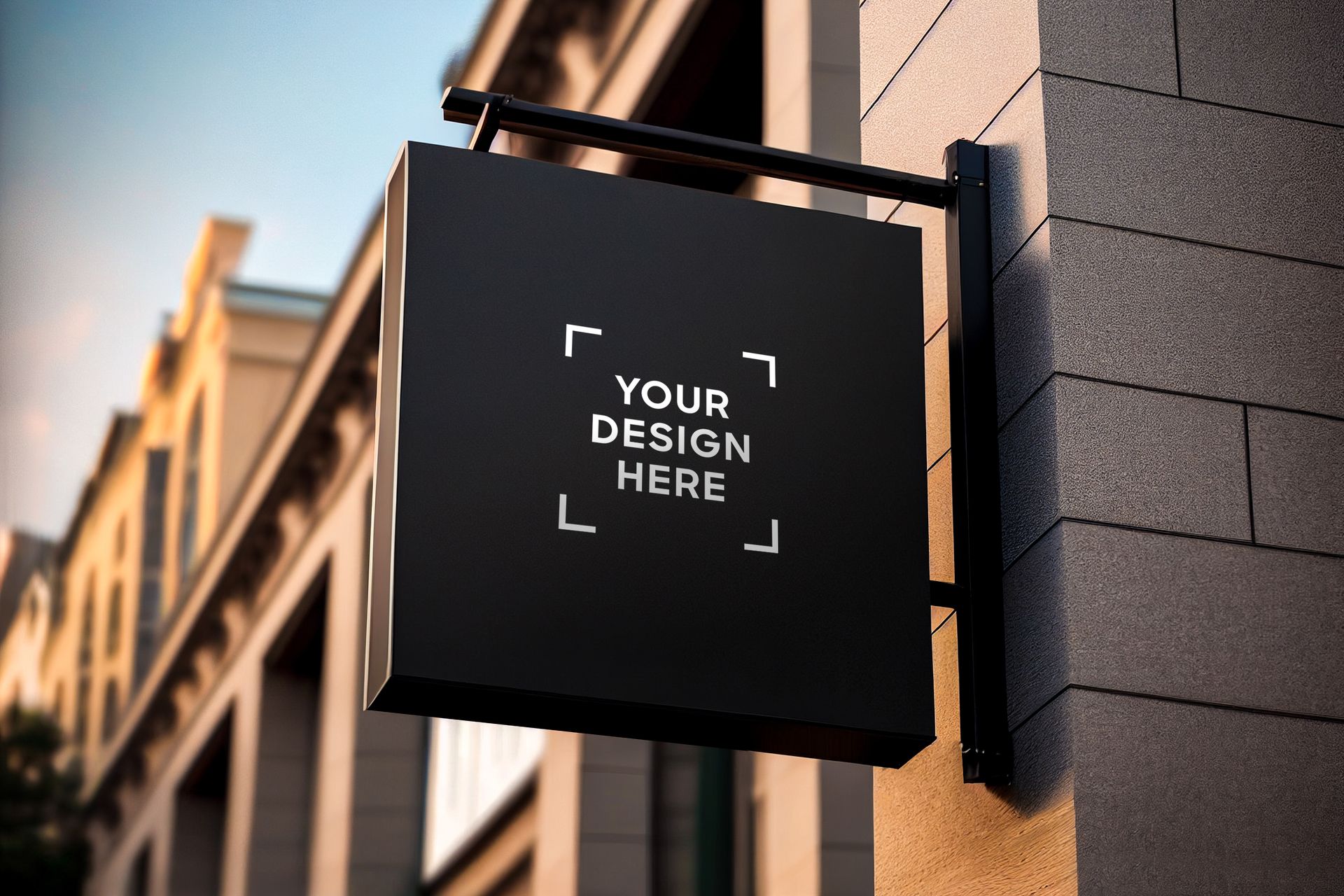 Square black cabinet sign mounted on brick building exterior.