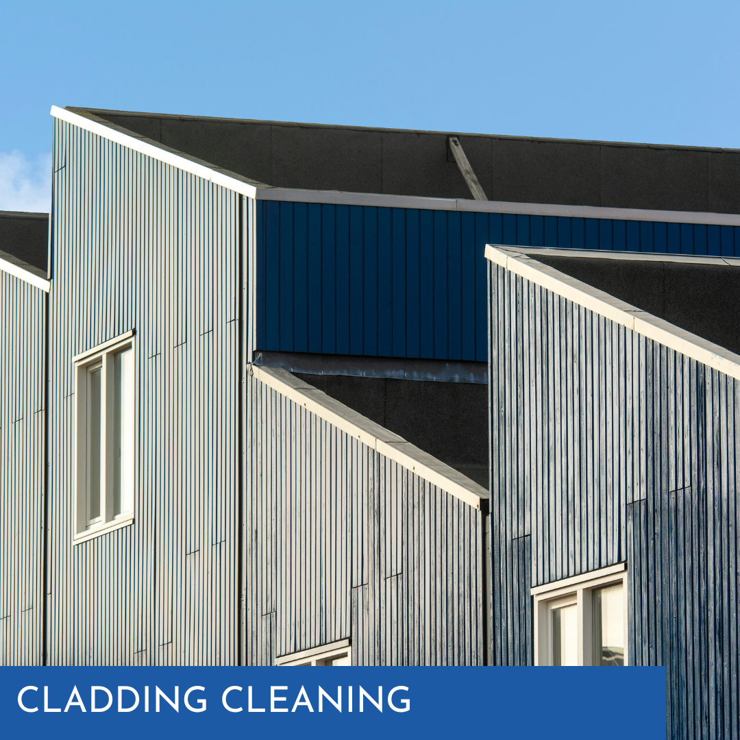 Close-up of blue and white striped building cladding with dark roof and windows, text