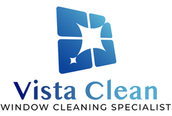 Logo for Vista Clean window cleaning, blue square windows with a shining star.