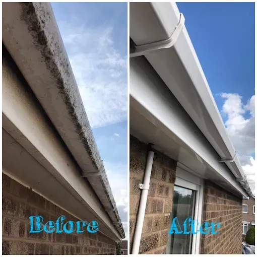 Before and after comparison of dirty and clean white gutters on a brick building, against a blue sky.