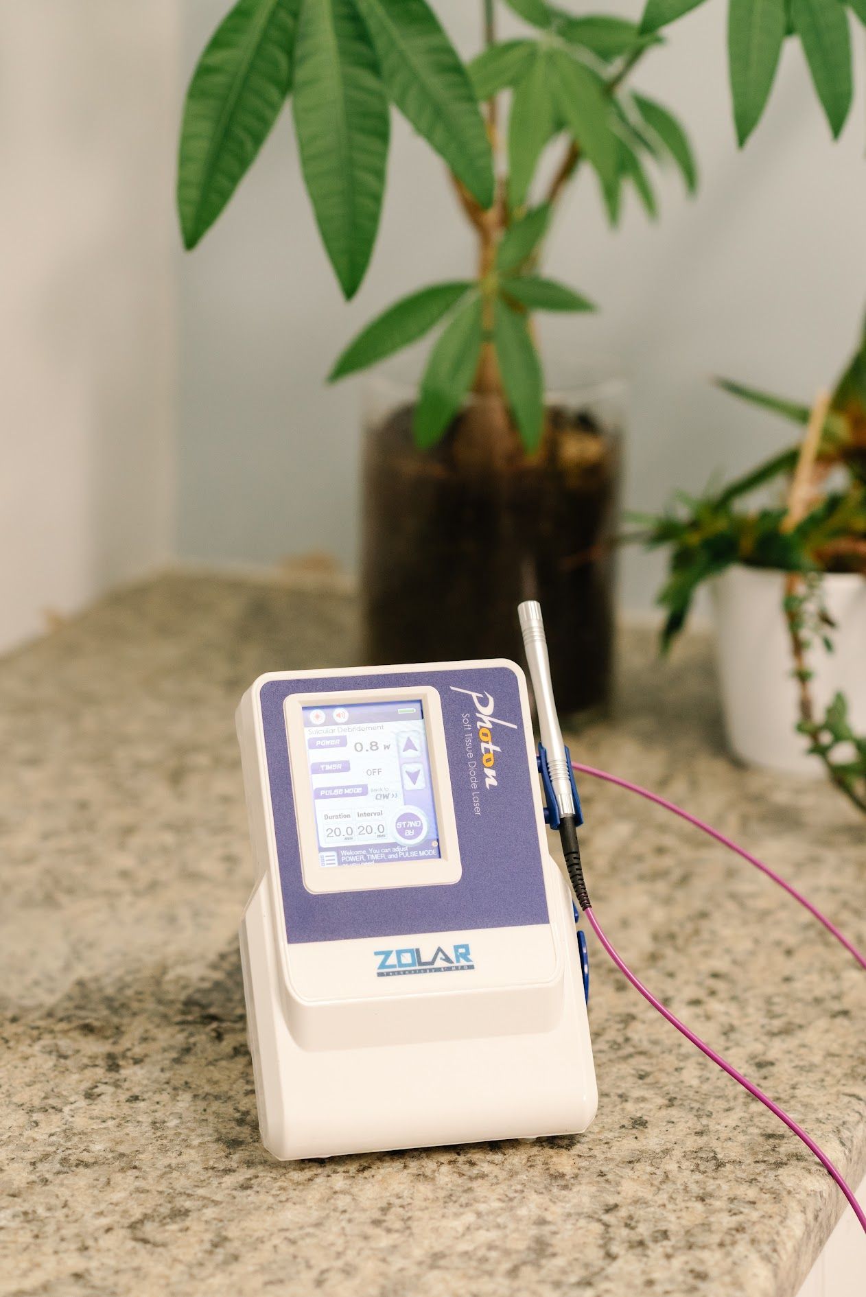 A white and purple digital measurement device with a connected probe sits on a granite countertop near potted plants.