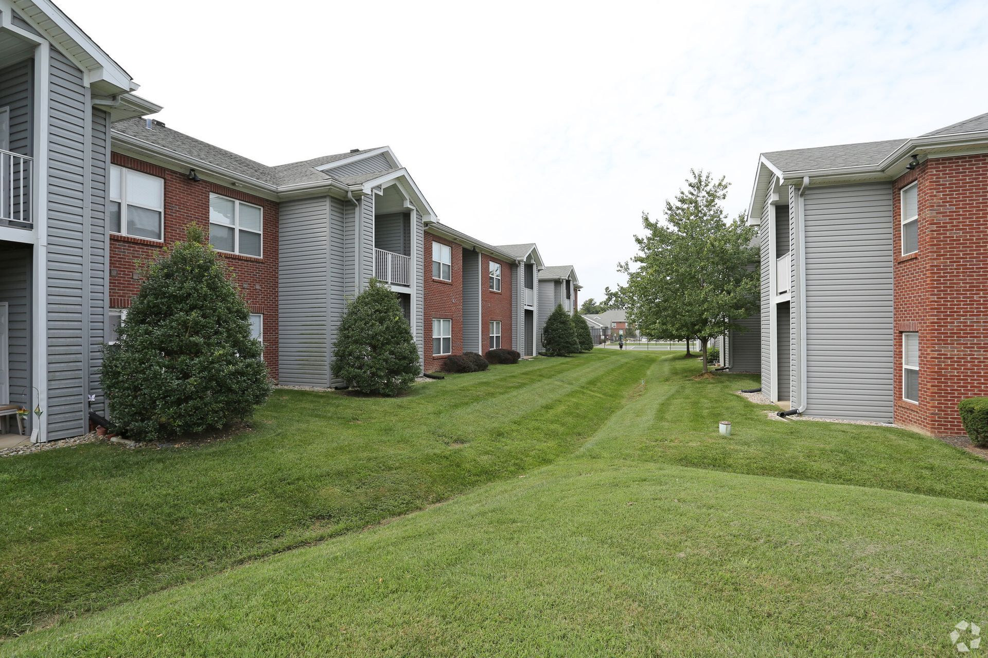 A row of apartment buildings with a lush green lawn in front of them.