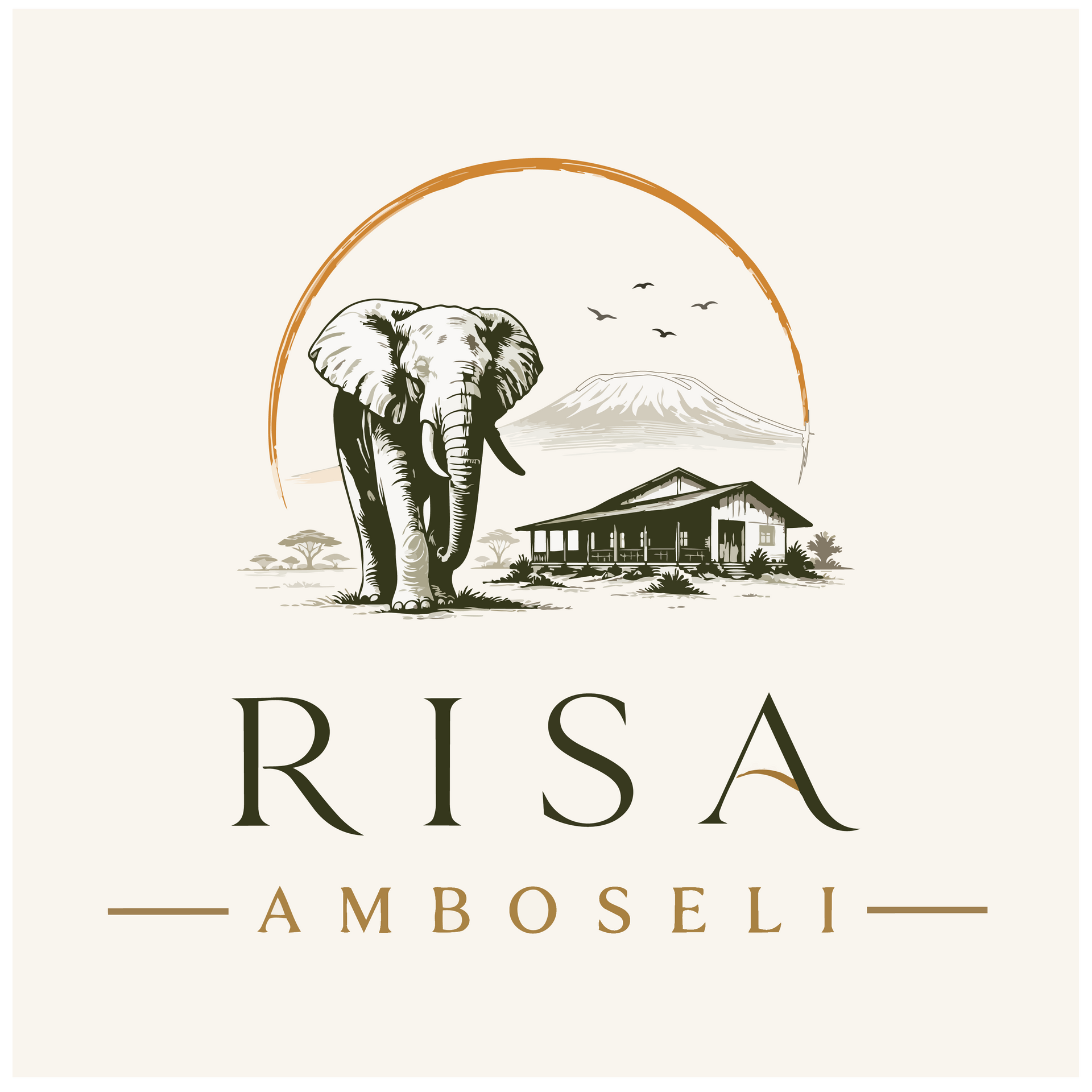 Logo with an elephant, safari lodge, and sun arch above the text “RISA AMBOSELI”