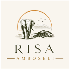 Logo with an elephant, safari lodge, and sun arch above the text “RISA AMBOSELI”